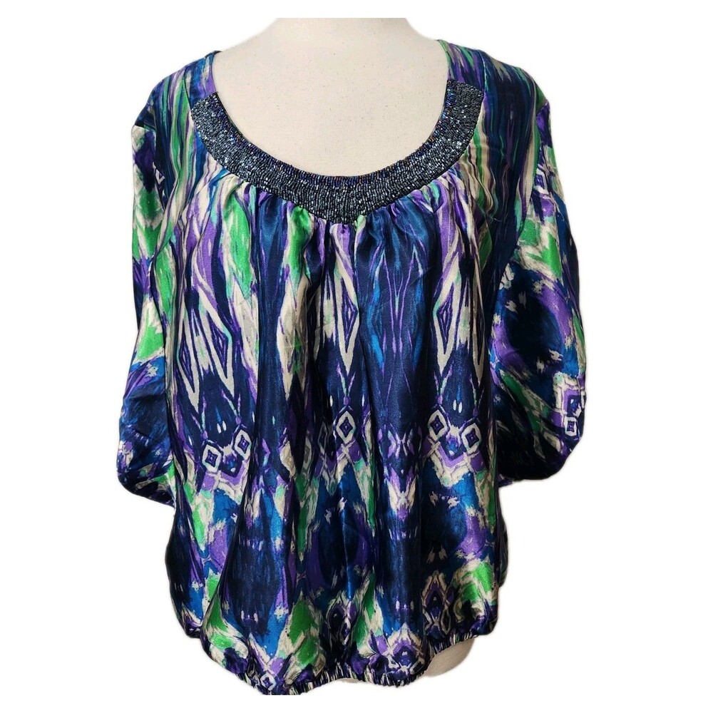 Lily White Womens Top 3X Blue Green Satiny Beaded Blouse Pullover Cinch Hem